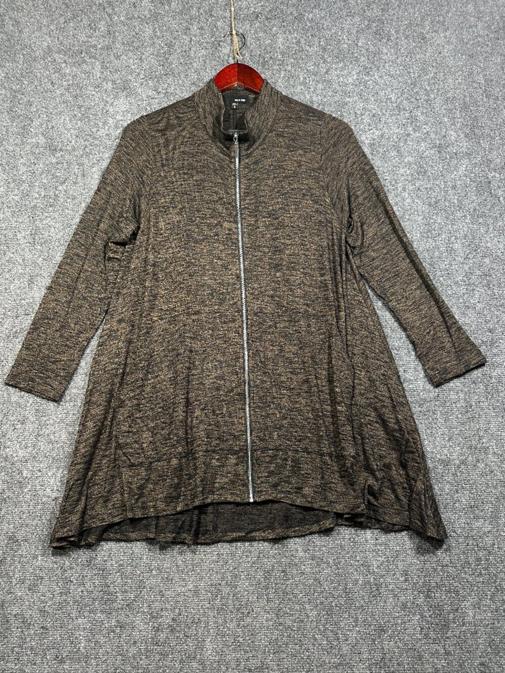 Sun Kim Sweater Womens Small Cardigan Full Zip Brown Black Stretch Pockets Swing